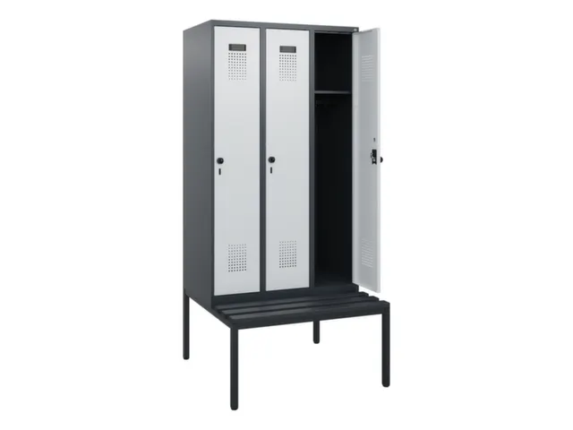 locker met bank,HxBxD 1950x900x815mm,3vak,vak B 300mm,draaigrendel