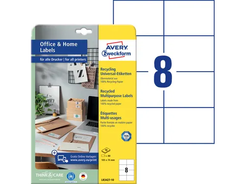 Etiket Avery Zweckform LR3427-10 105x74 mm recycled Wit 80 stuks