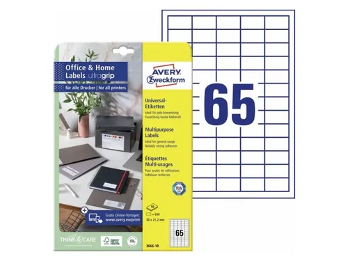 Etiket Avery permanent 3666-10 38x21.2mm wit 650 stuks 10 vel
