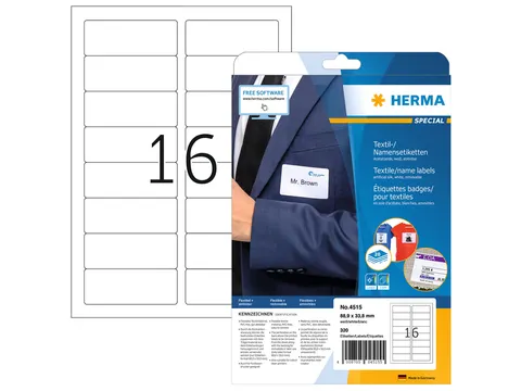 HERMA 4515 Naambadge textieletiket A4 88,9x33,8mm Wit 320 stuks