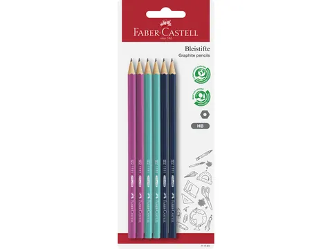 Potlood Faber-Castell 1111 HB 6 stuks op blister kleuren: roze, aqua e