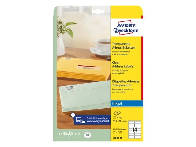 Adresetiket Avery J8563-25 99,1x38,1mm Transparant Inkjet 350 stuks