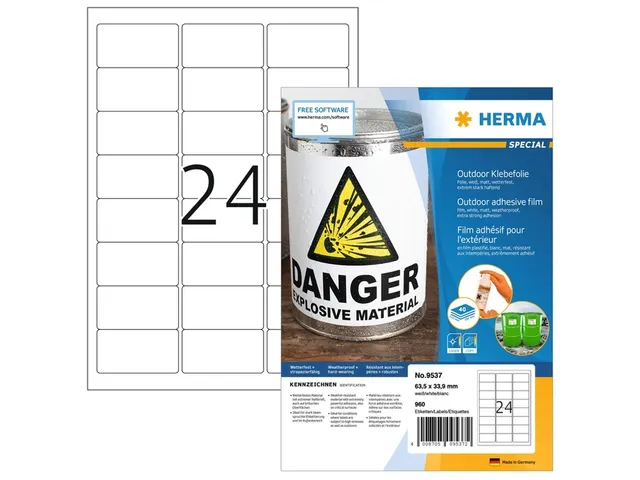 HERMA 9537 Weervast Outdoor folie-etiket A4 63,5x33,9mm Wit 960 stuks