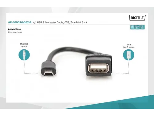 USB 2.0-adapterkabel OTG type mini B - A St/Bu 0,2m USB 2.0-compatibel