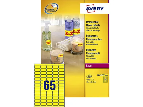 Etiket Avery L7651 Y-100 38.1x21.2mm Neon Geel 6500 Stuks