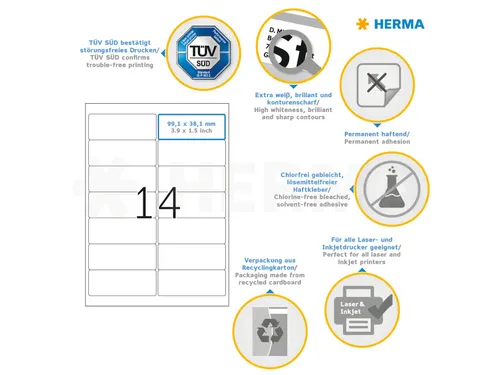 HERMA 4678 Premium Adresetiketten A4 99,1x38,1mm Wit 1400 stuks