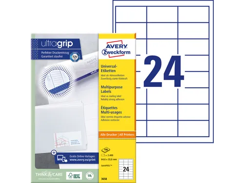 Etiket Avery Zweckform 3658 64.6x33.8mm wit 2400stuks