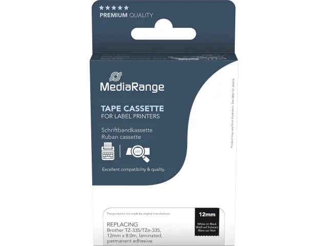 Labeltape voor Brother Tz335 12mmx8m wit op zwart gelamineerd