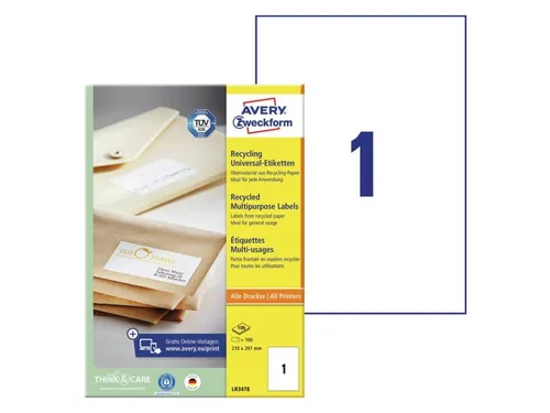 Etiket Avery Zweckform LR3478 210x297mm A4 recycled Wit 100 stuks