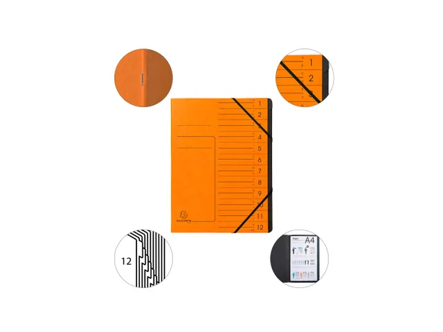 Trieur agrafé avec élastiques intérieur noir 12 compartiments - A4