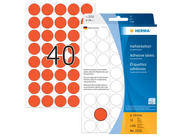 HERMA 2252 Multipurpose etiketten Rond 19mm Rood 1280 stuks