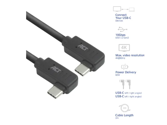 Kabel ACT USB-C hoek links/rechts 10Gbps 2m