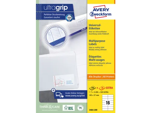 Etiket Avery Zweckform 3484-200 105x37mm wit 3200stuks