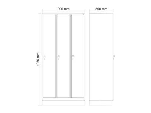 locker,HxBxD 1950x900x500mm,3vak,vak B 300mm,draaigrendel,sokkel