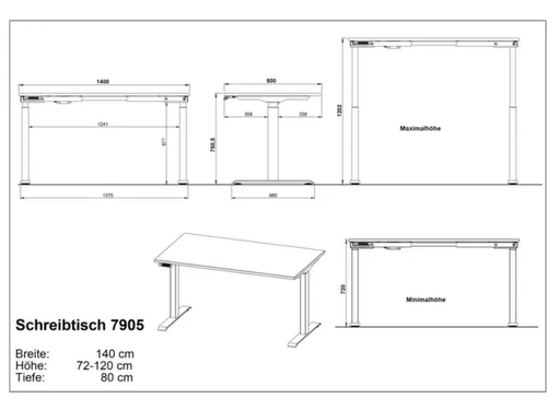 Elektrisch ihv bureau,HxBxD 720-1200x1400x800mm,blad grafiet