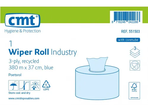 CMT Poetsrol Industrie Recycled 3-laags 380 Meter Blauw