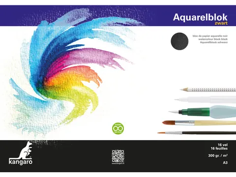 Aquarelpapier Kangaro blok A3 300 gram 16 vel zwart, 3 zijden verlijmd