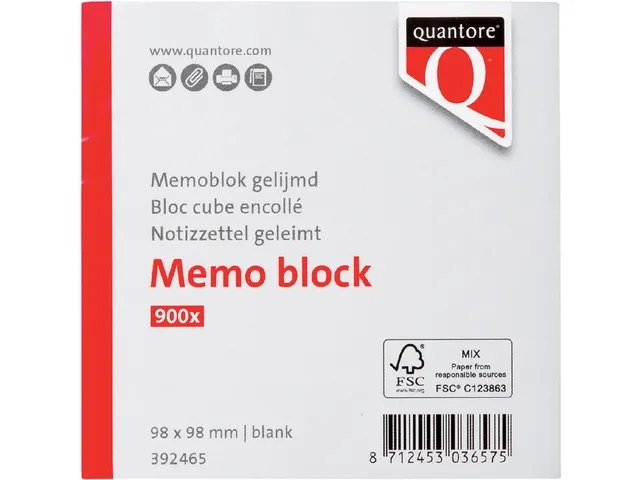 Memoblok Quantore kopgelijmd 98x98mm 900vel wit