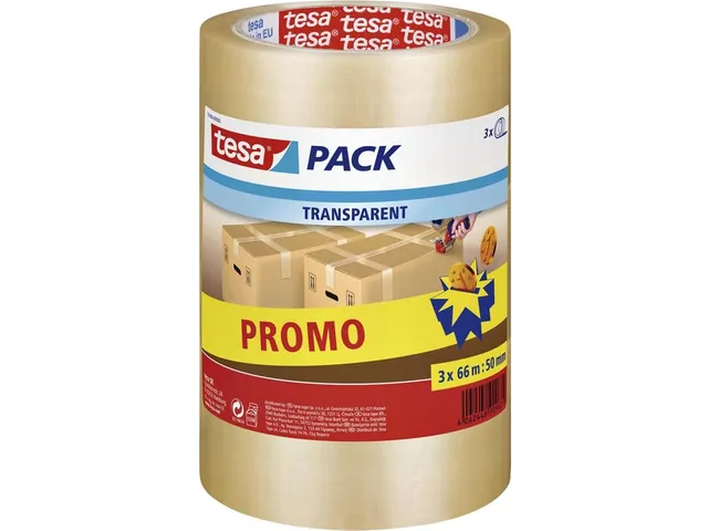 Verpakkingstape tesapack 66mx50mm transparant promopack 3 rollen