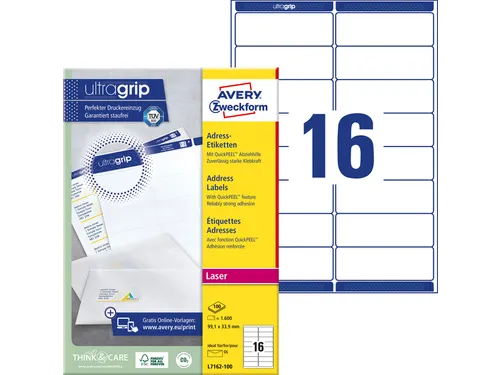 Adresetiket Avery QuickPeel L7162-100 99.1x33.9mm Wit 1600 stuks