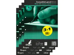 Cursusblok Kangaro A4 ruit 5mm 90 grams 100 vel pak 4 stuks