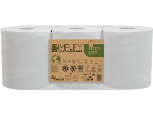 Papieren handdoeken Simplify Centerfeed 2-laags 90m 450 vel, pak 3 rol