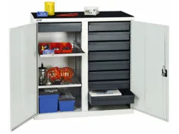 Materiaalkast 1000x1000x500mm 2legborden Uitschuifbaar 9laden Ral7035