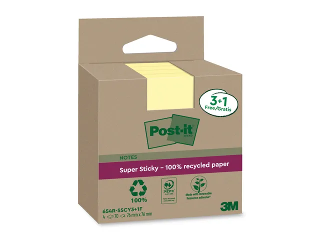 Bloc-mémos 3M post-it 654 RSSCOL 76x76mm jaune 3+1 gratuit