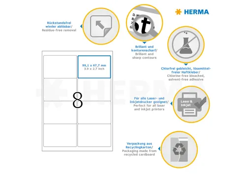 HERMA 10312 Verwijderbare Adresetiket A4 99,1x67,7mm Wit 800 stuks