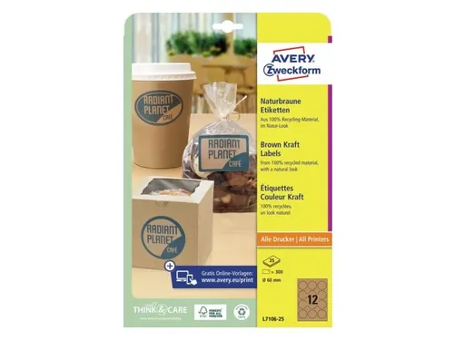 Etiket Avery L7106-25 permanent rond 60mm kraft 300 stuks 25 vel