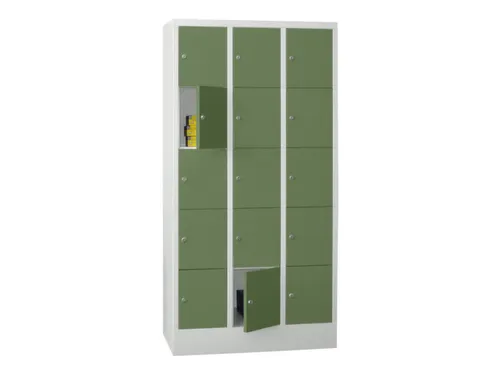 lockerkast,HxBxD 1850x900x500mm,3x5vakken,RAL7035,front RAL6011