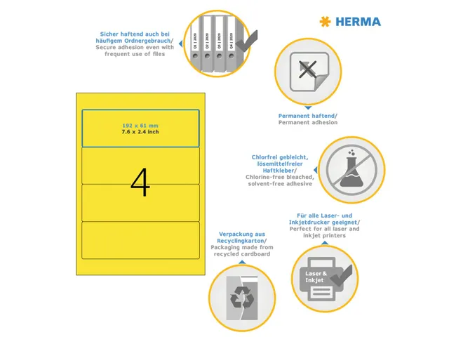 Herma 4296 Rugetiket 192x61mm Geel permanent klevend 400 stuks