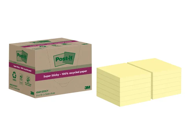 Memoblok Super Sticky 654 RSS12CY recycled 76x76mm canary yellow
