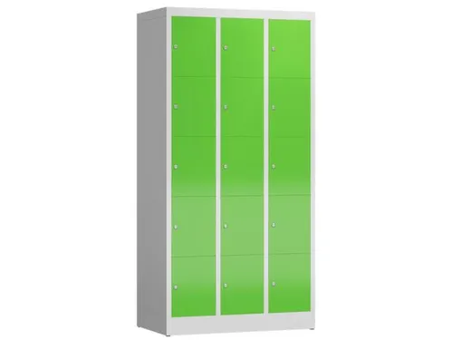 Lockerkast 1800x870x500mm 3x5 vakken cilinderslot, sokkel, RAL6018