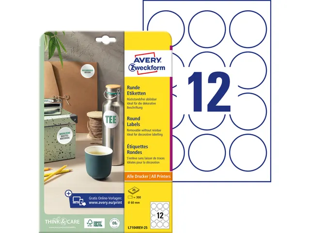 Etiket Avery L7104REV-25 rond 60mm wit 300 stuks 25 vel