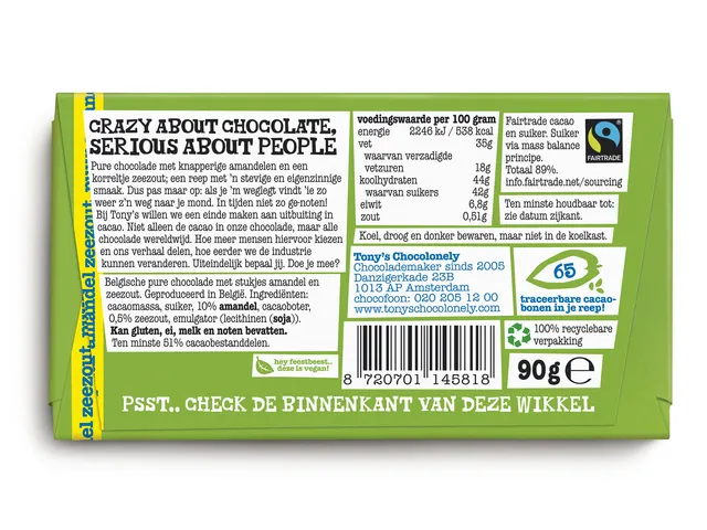 Chocolade Tony Chocolonely puur amandel zeezout reep 90 gram