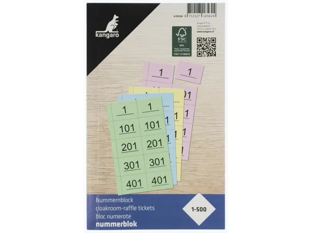 Nummerblok Kangaro 120x200mm 70gr 1-500 krimp 4 bloks assorti kleuren