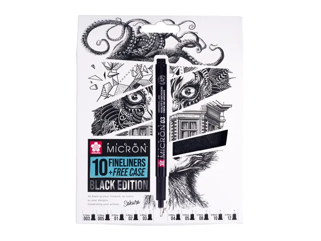 Fineliner Sakura Pigma Micron Black Edition set à 10 breedtes + grati