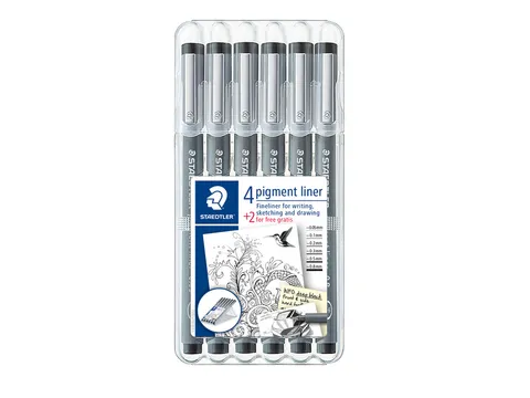 Fineliner Staedtler Pigment 308 zwart set 4+2 gratis 0.05-0.8mm