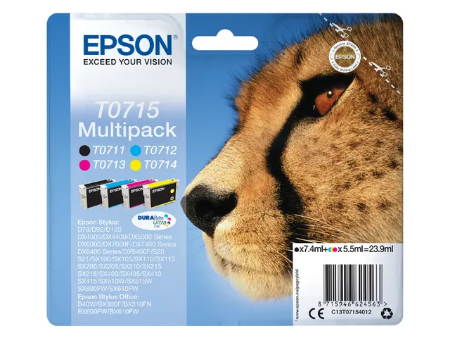 Inktcartridge Epson T0715 zwart + 3 kleuren C13T07154012