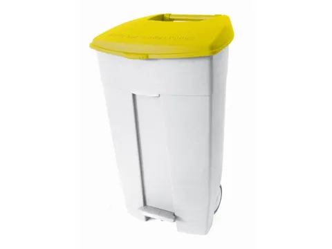 afvalbak,1x120l,HxBxD 890x560x480mm,romp PE wit,deksel PE geel,2wielen