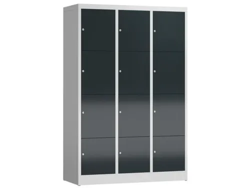 Lockerkast 1800x1185x500mm 3x4 vakken cilinderslot, sokkel, RAL7016