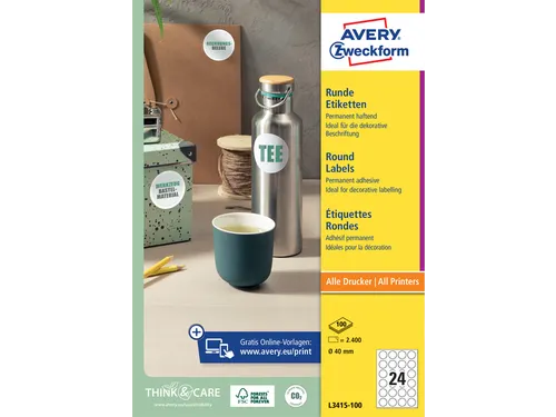 Etiket Avery Zweckform L3415 rond 40mm wit