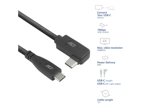 Kabel ACT USB-C standaard naar USB-C hoek 10Gbps 1m