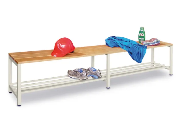 banc-patère,LxP 2000x370mm,barrettes en bois hêtre,piètement RAL901