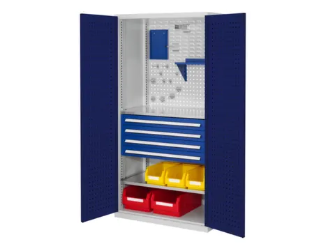 Materiaalkast Geperf. Deuren 1950x1000x600mm 4laden 2legborden Ral5010