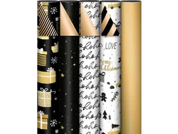 Geschenkpapier Kerst 70cmx2m assorti zwart/wit/goud