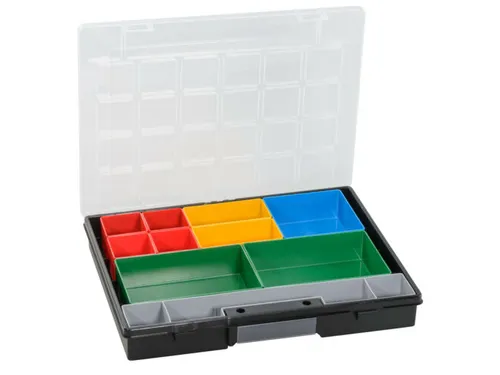 Bak voor kleine onderdelen,HxBxD 55x370x295mm,9bakken,PP,koffer zwart