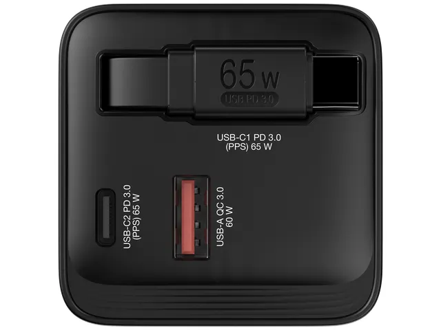 GaN Wandlader 65W 2-poorts met intrekbare kabel