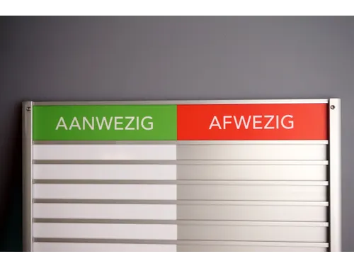 Menoor In-Uit bord 25 namen Aluminium Aanwezig/Afwezig Groen/rood
